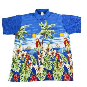 Happy Bay Men M Hawaiian Button Up Shirt Tropical Palm Parrots Beach Pirate Ship